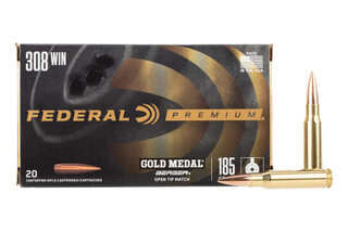 Federal Gold Medal 308 Win 185GR Berger Jugernaught OTM Ammo comes in a box of 20 centerfire rifle cartridges